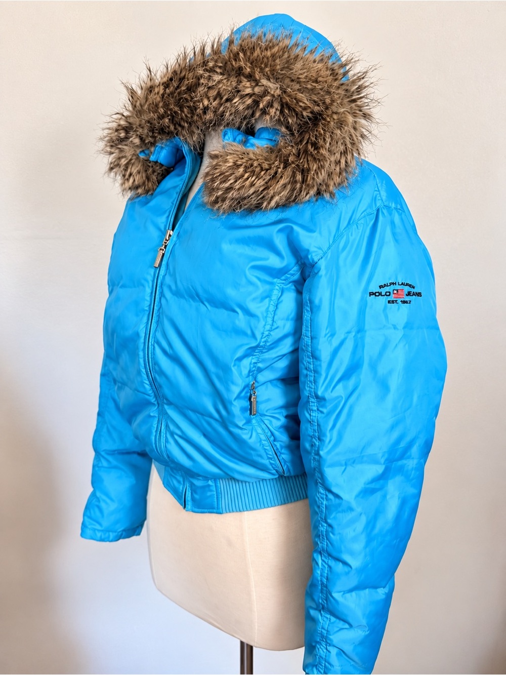 Ralph Lauren Blue Hooded Puffer Faux Fur Y2K Streetwear Urban Vintage